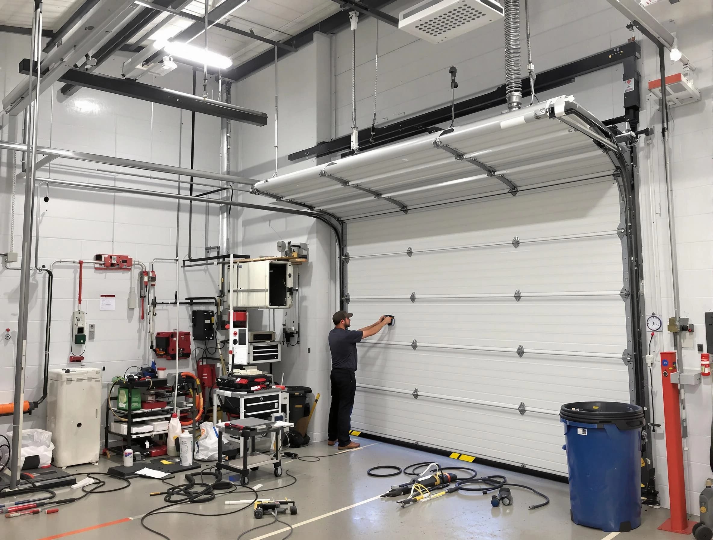 Morgan Garage Door Repair certified technician performing commercial door repair at a Morgan business facility