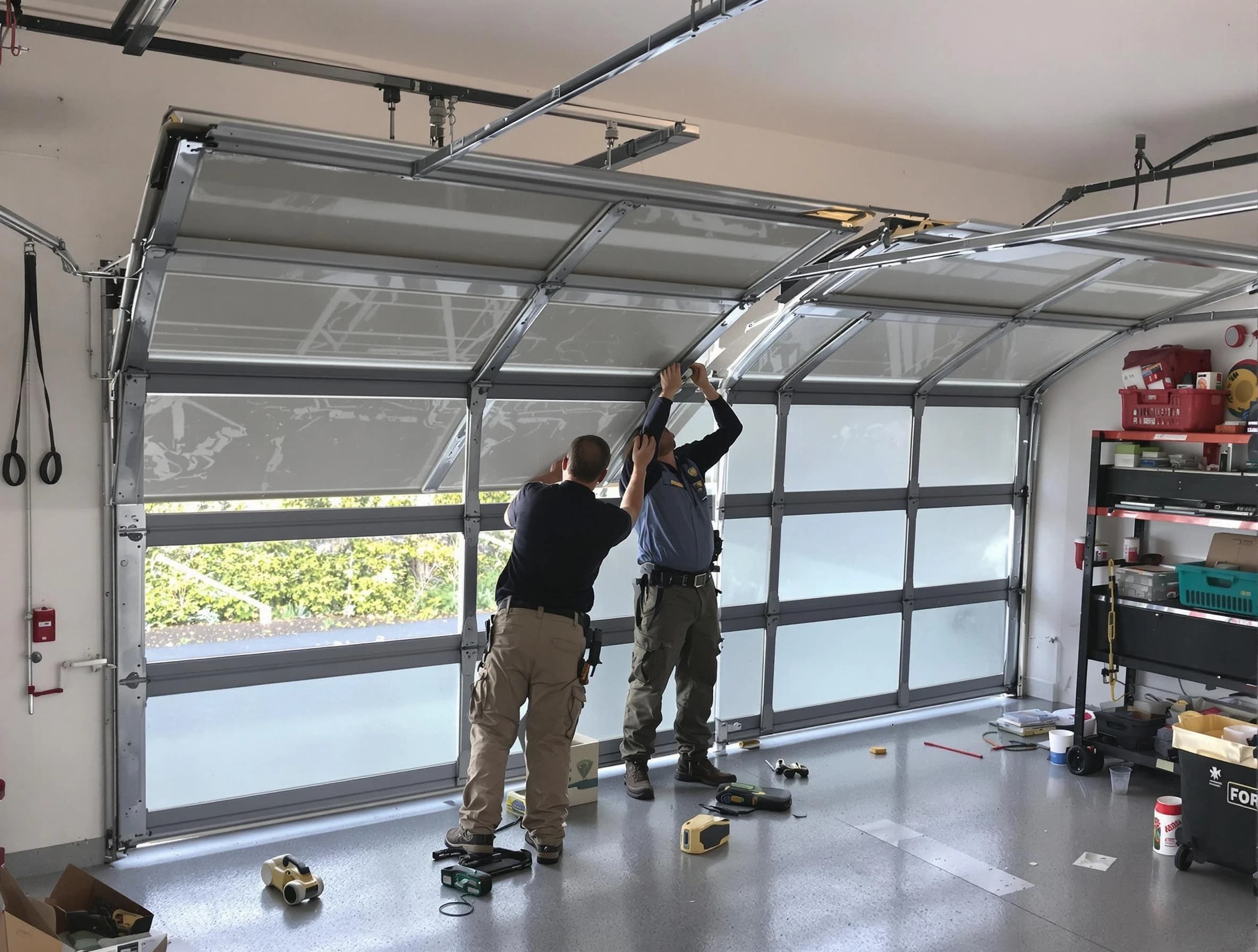 Morgan Garage Door Repair expert performing precise panel replacement on Morgan garage door